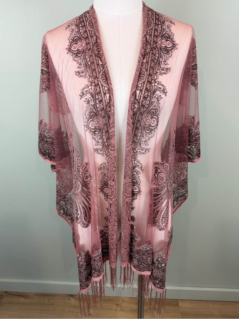 Pretty Persuasions boho Sheer Paisley Fringe Kimono Cardigan festival OSFM
